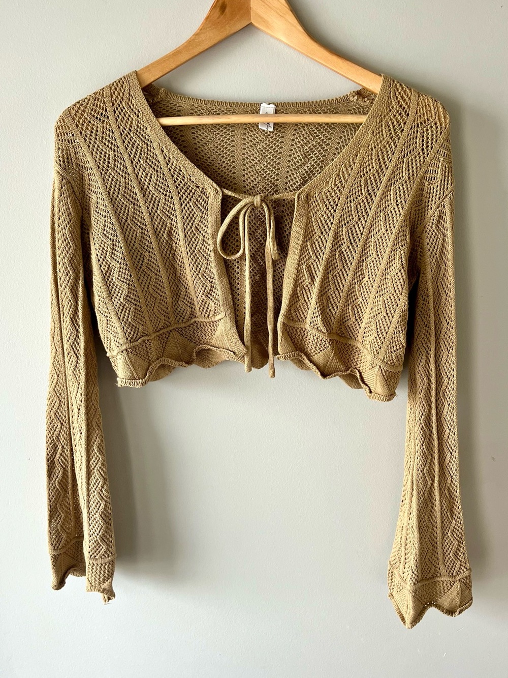Mirra Masa Brown Cropped Knit Tie-Front Long Sleeve Sweater OS Bohemian Granola